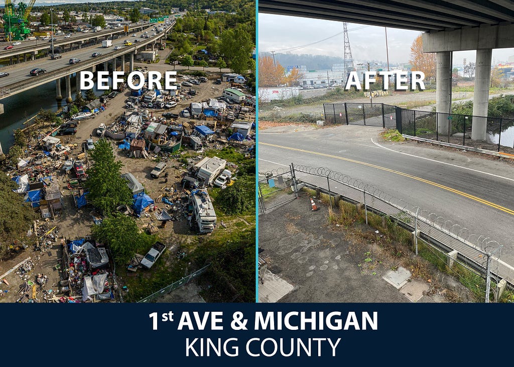 Aerial photos of an encampment in King County before and after WSDOT worked to clear the site of debris and abandoned vehicles