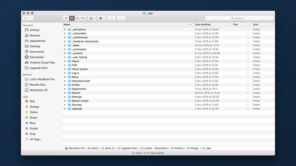 Our Mac Finder folder structure.