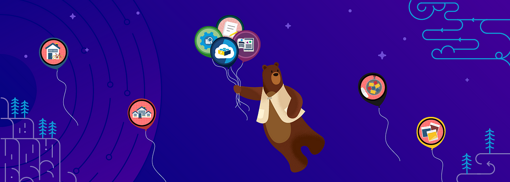 Trailhead character, Codey, floating on a purple background holding balloons with Trailhead badges on them.