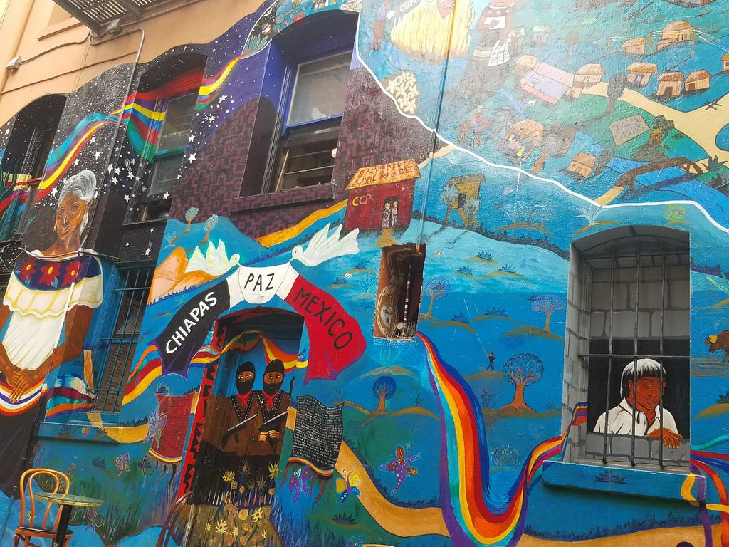 A mural capturing elements of Chiapas and Zapatistas resistance in Jack Kerouac Alley in San Francisco.