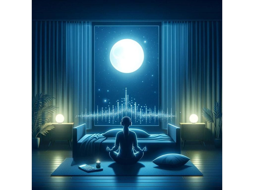The image shows a peaceful nighttime scene where an individual sleeps soundly, with soft meditation music playing in the background. Moonlight bathes the room, enhancing the serene and tranquil atmosphere, promoting rest and inner peace.