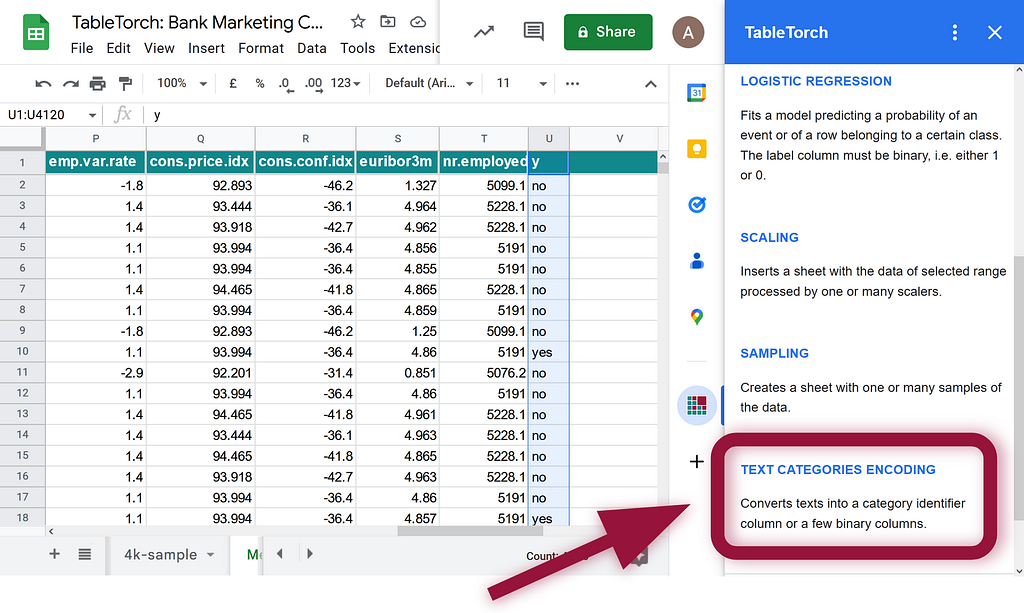 Text categories encoding button of the TableTorch add-on for Google Sheets