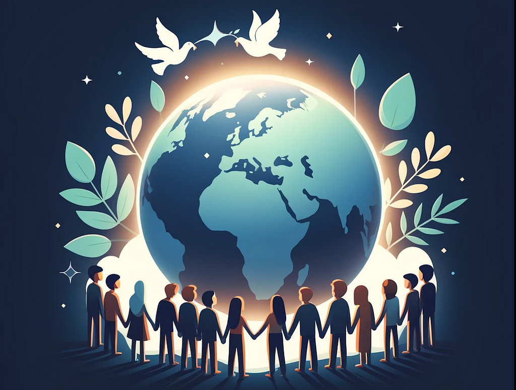 The planet Earth surrounded by people from all over the world holding hands. There are also two doves above the Earth, representing peace