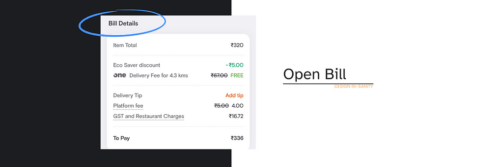 Swiggy app’s screenshot showing the detailed bill on the cart page.