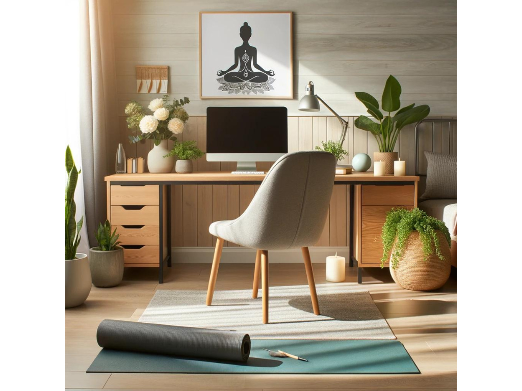 A tranquil home office corner dedicated to meditation, with a yoga mat and calming plants, highlighting the importance of mental wellness.