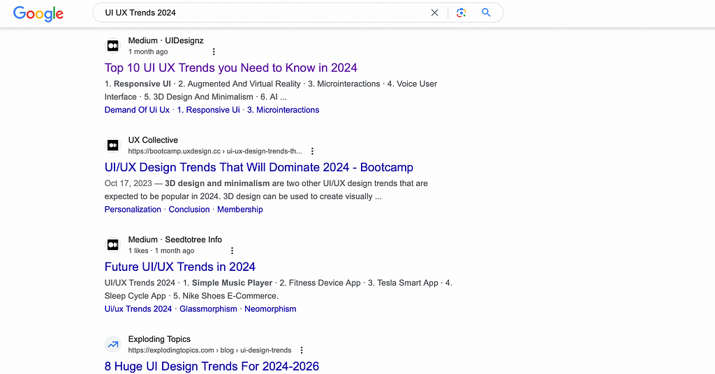 Google search results for ‘UX UI Trends 2024’