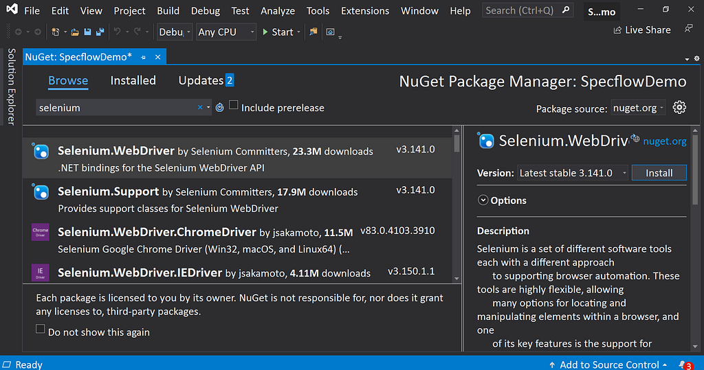 Visual Studio 2019 Manage NuGet Packages