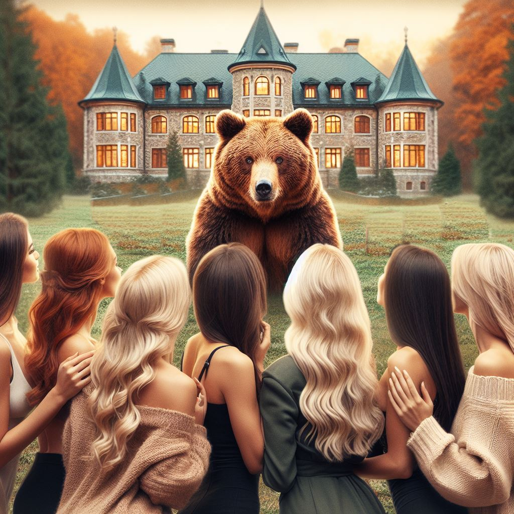 many attractive young women looking at one bear in front of a mansion for the next season of The Bachelor