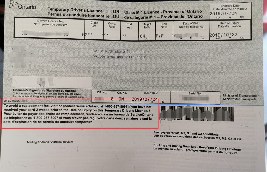 Temporary driver’s licence in Ontario