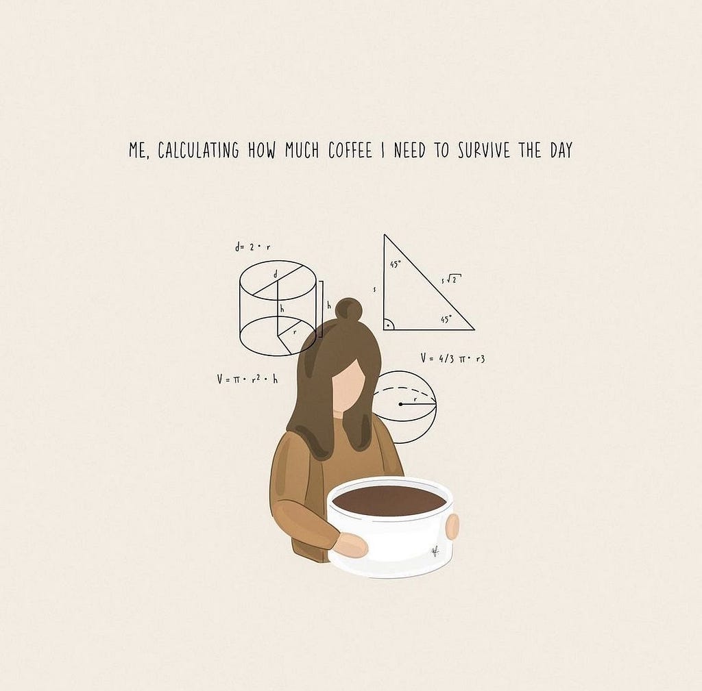A girl with her coffee mug calculating how much coffee she needs to survive in a coffee-cream color paletter photo,