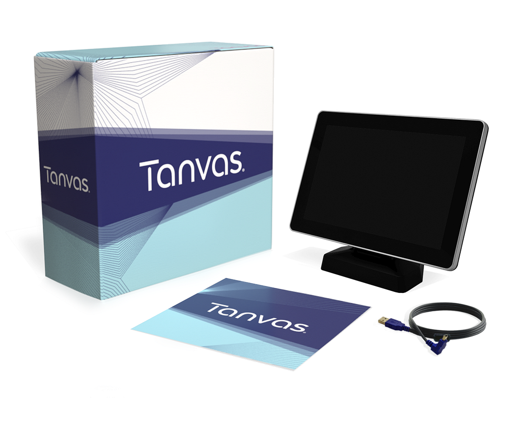Tanvas box with 10.1" monitor, cleaning cloth and connector cord