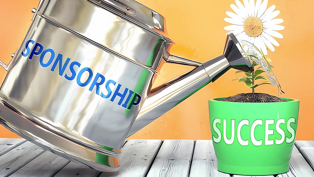 A shiny silver watering can labeled ‘SPONSORSHIP’ pours water onto a green flower pot marked ‘SUCCESS,’ from which a white daisy is growing. The background is a warm gradient of orange and yellow, giving a sunny and positive ambiance. The scene metaphorically illustrates how sponsorship can foster and nurture success, with the watering can symbolizing support and the blossoming flower representing the resulting achievement. The image is set on a wooden surface, enhancing the natural and growth-o