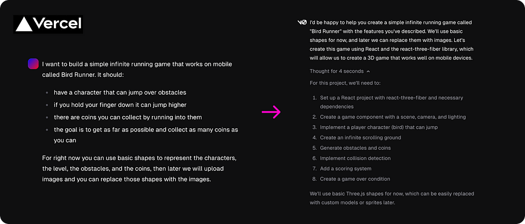 A text prompt and Vercel’s response