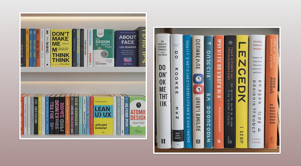 Two AI-generated images of design book bookshelves side by side. Left image shows books with text errors including ‘DON’T MAKE ME M THINK THINK’ and garbled versions of titles like ‘The Design of Everyday Things,’ ‘About Face,’ ‘Lean UX,’ and ‘Atomic Design.’ Right image shows even more severely garbled text with ‘DO ON’ OK ME THIK,’ ‘ROOK LE,’ ‘DEUNNEWE UMBI BOULE,’ and ‘LEZCEDR’ demonstrating AI’s failure to render accurate book spine text.