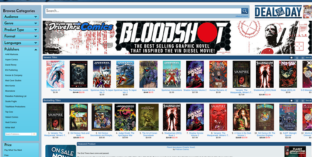 A screenshot of DriveThruComics.com front page with a banner advertising Bloodshot, a graphic novel, and 24 featured comics below.