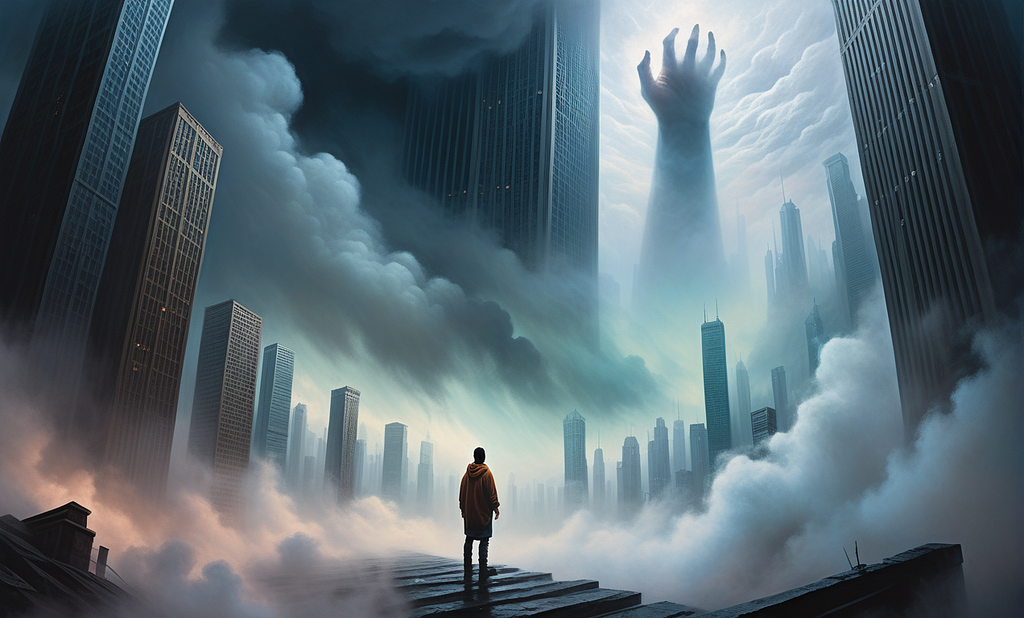 A man standing among the sky scrapers looking at a big hand coming out of the sky