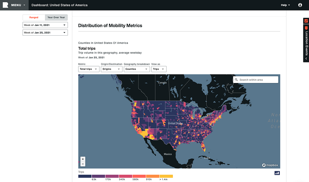 Screenshot of a dashboard featuring a heat map of the U.S., with different colors representing different trip volumes.