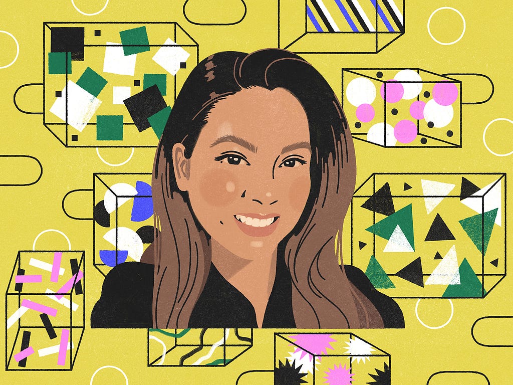 A digital illustration of a brown-skinned woman with long dark hair, with one side swept behind her ear, wearing a black v-neck top. The background is chartreuse and on it are seven randomly sized outlines of cubes with shapes (squares, lines, circles, triangles, sunbursts, semicircles, rectangles) inside them.