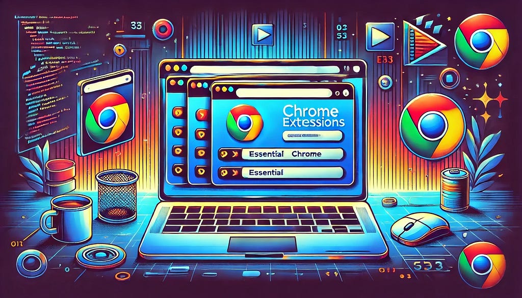 Illustration depicting various Chrome plugins useful for developers, created by DALL-E