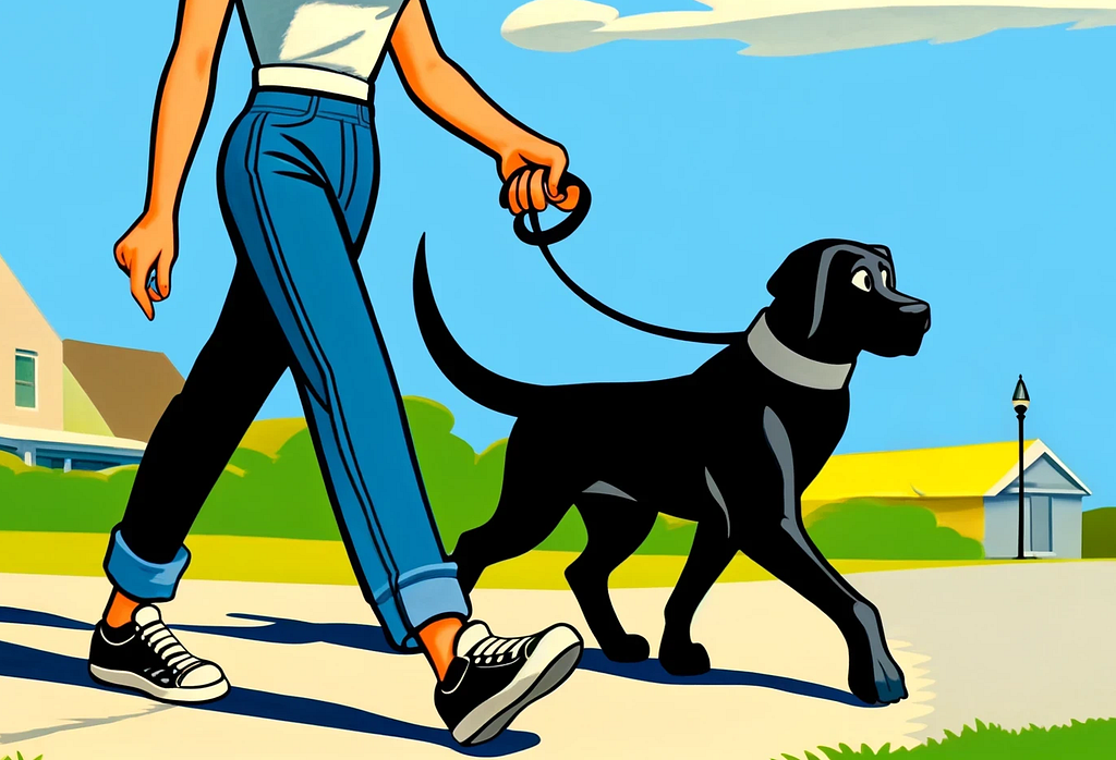 Woman walking a black Labrador Retriever