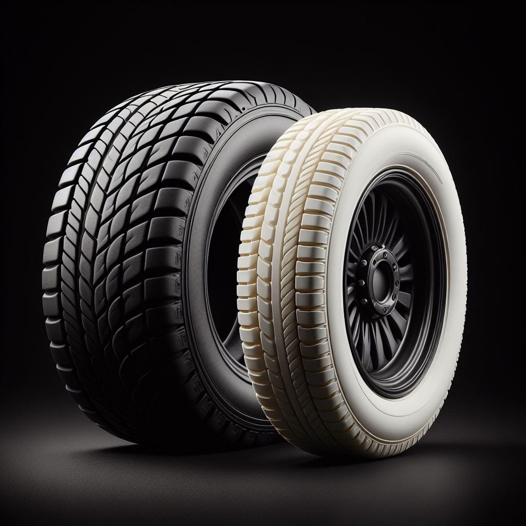 One big black tire, next to a smaller white tire. Black background.