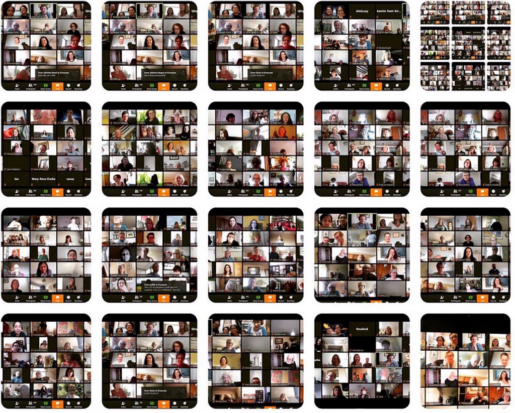 Mosaic of screens showing people taking part in The Sofa Singers, a remote video choir