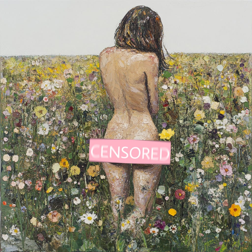 a painting of a naked girl censored in a field of flowers