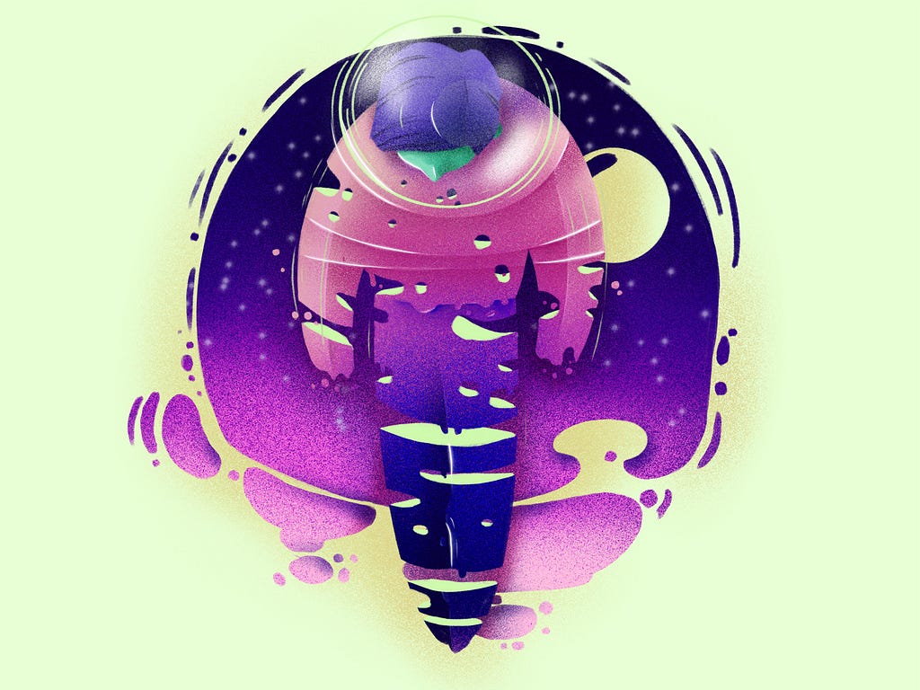 An illustration of a person in a spacesuit in the backdrop of space