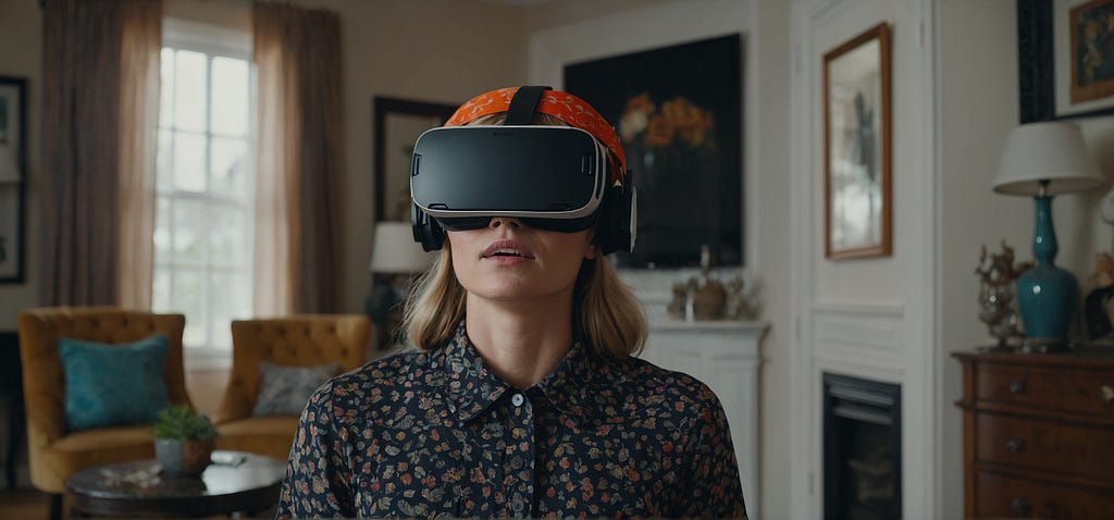 A woman wearing a VR set on her head in her home.