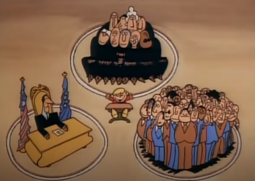 Illustration from Schoolhouse Rock “Three Ring Government” showing the 3 branches of US government.