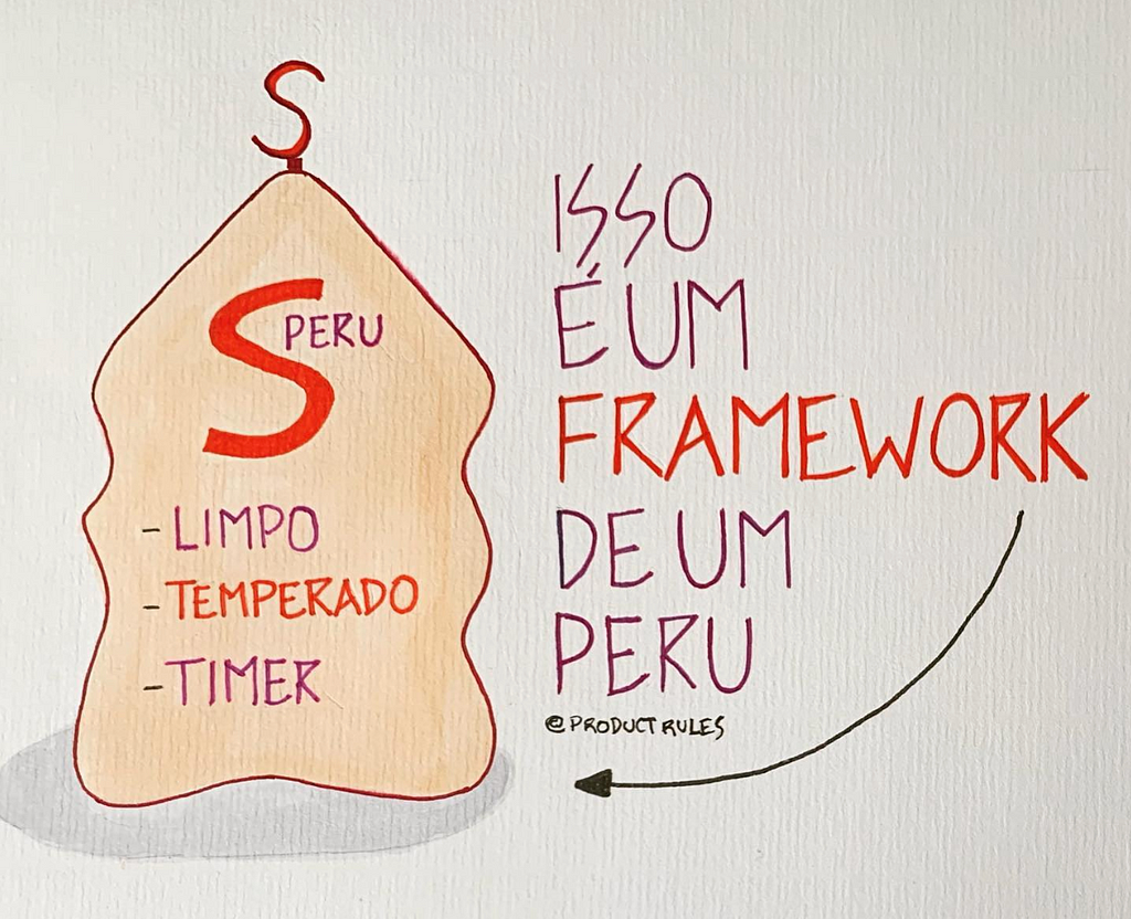 Desenho de um Peru da Sadia congelado com texto ao lado e seta: Isso é um Framework de um Peru.