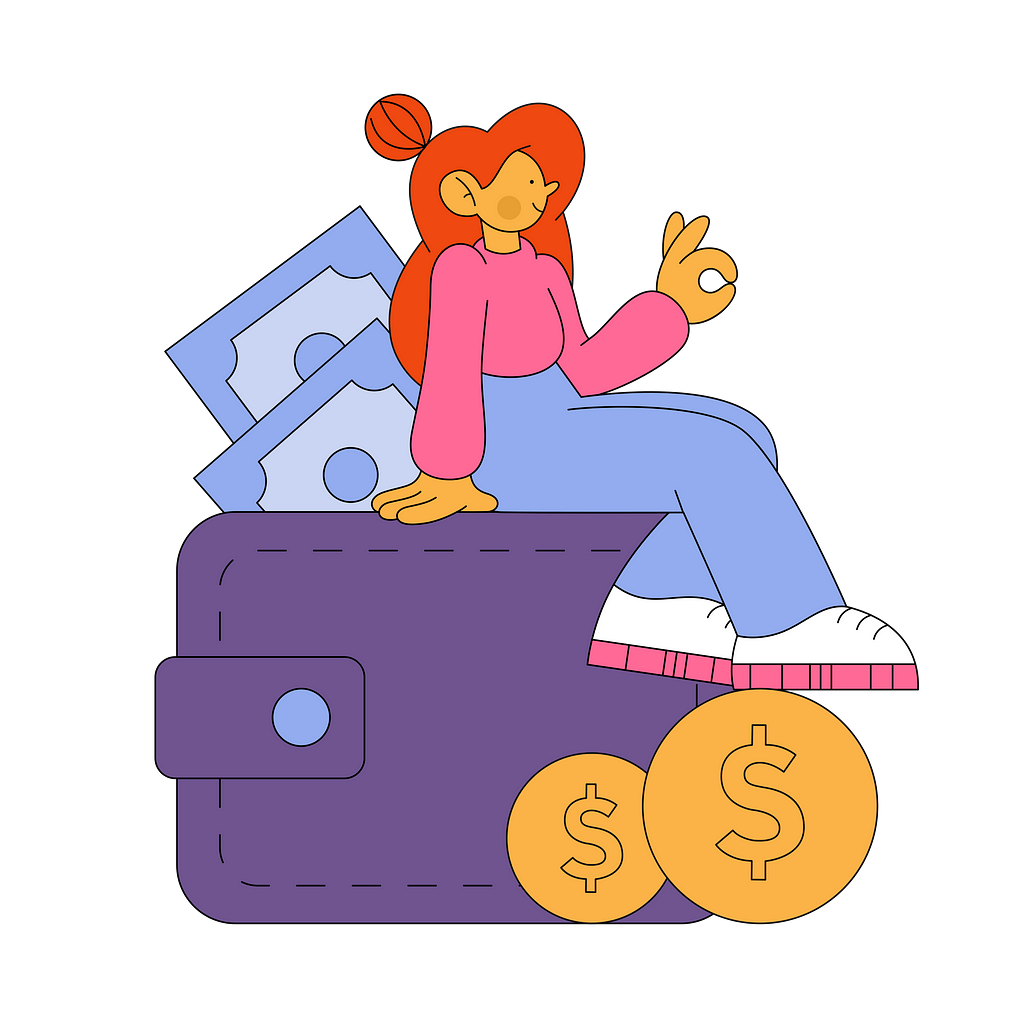 Illustration of a girl sitting on a wallet full of money