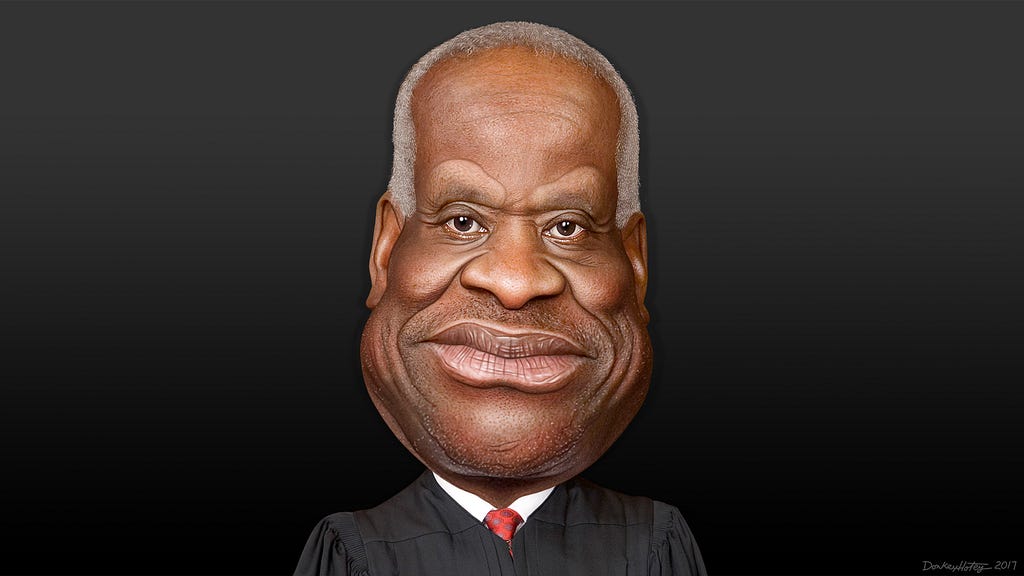 Caricatue of Justice Clarence Thomas. “I could read a law book, but I don’t want to set a precedent.”