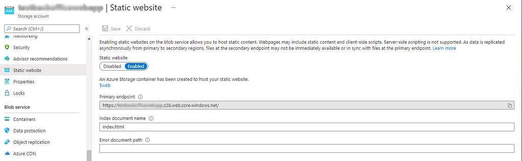 Azure Storage Account with static website enabled