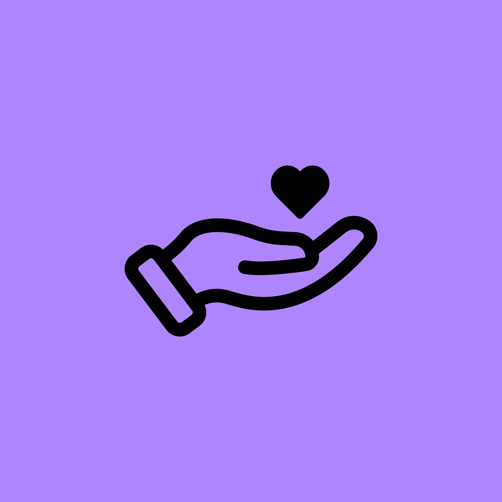 An illustration of a hand cupping a heart against a purple background.