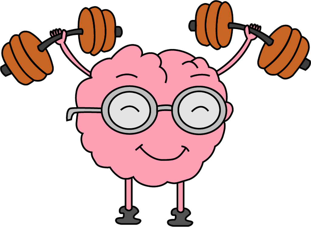 The Brain Exercise Initiative mascot is a bespectacled and anthropomorphic brain who smiles while lifting two barbells.
