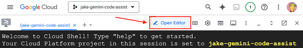 Top menu of the Google Cloud console highlighting the icon for the Cloud Shell Editor with a red box and red arrow