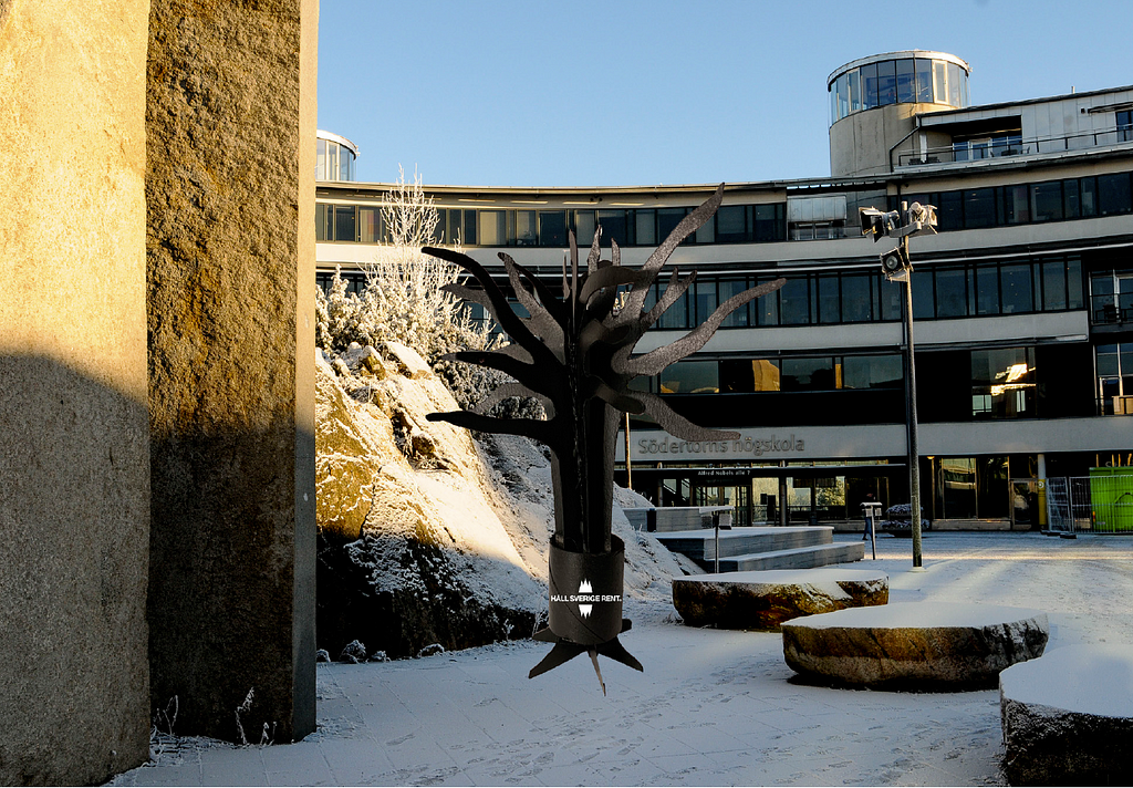 A tree in paper outside the Södertörn University buildings.