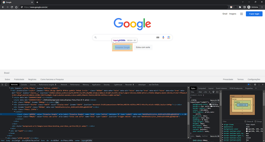 DevTools com botão ‘Pesquisa Google’ inspecionado