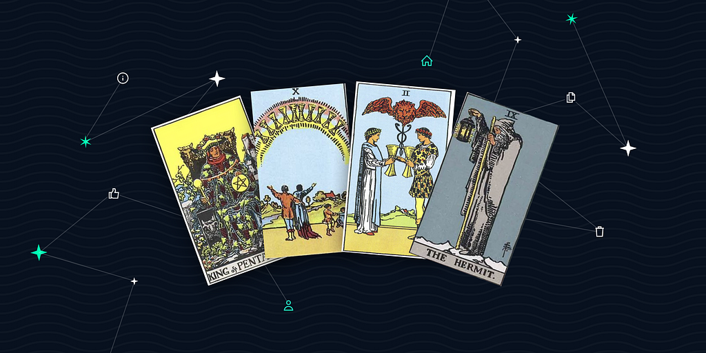Four tarot cards (the king of pentacles, the ten of cups, the two of cups and the hermit) are fanned out over a dark blue background. Behind the cards is a constellation of stars and UX design icons (a user, a thumbs up, an info button, a home icon, a duplicate icon and a trash icon).