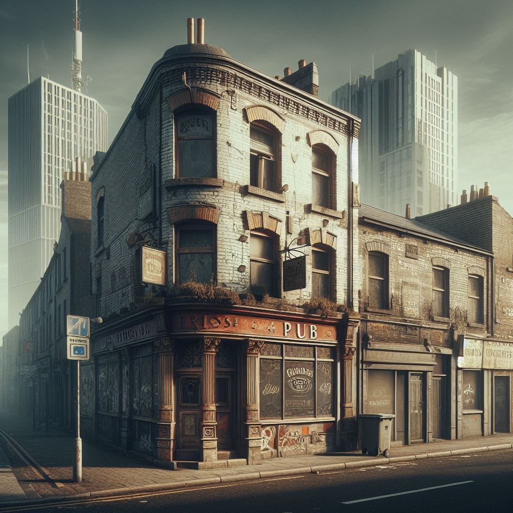 An old, run down pub stands on a street corner. Its once bright paint has faded to dull shades of blues and browns and some of it is peeling from the old bricks which show decades of ingrained dirt and pollution. It looks like murder could happen there quite regularly. I wouldn’t go in, if I were you.