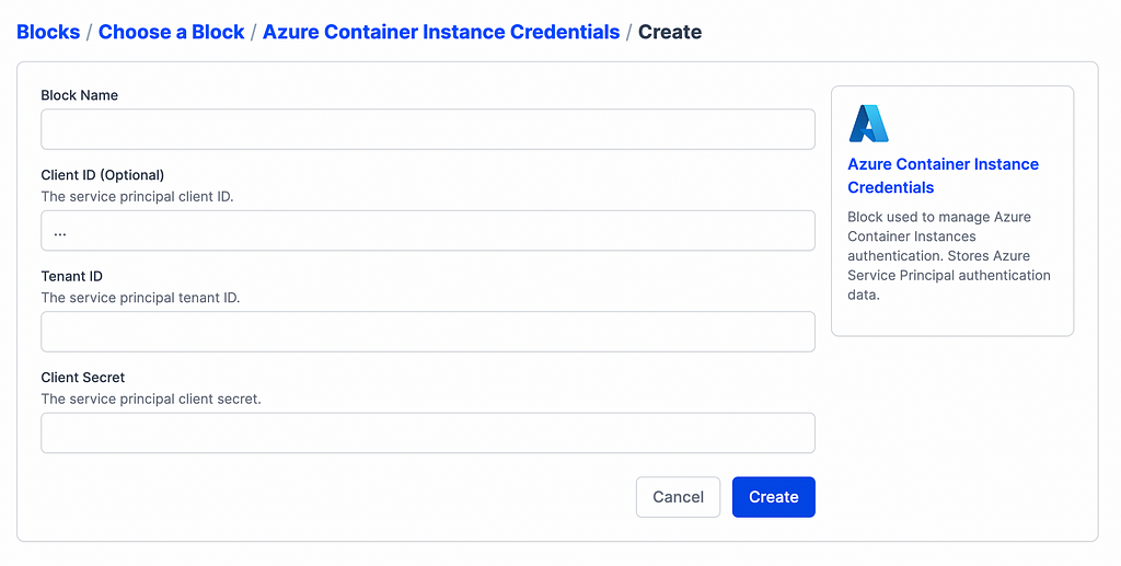 A screenshot of the Azure Container Instance Credentials creation screen