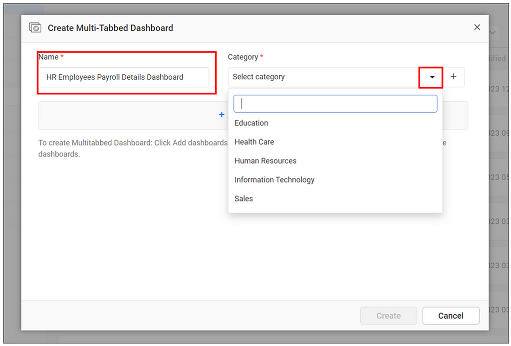 Configure Name and Category in Multi-tabbed Dashboard Window