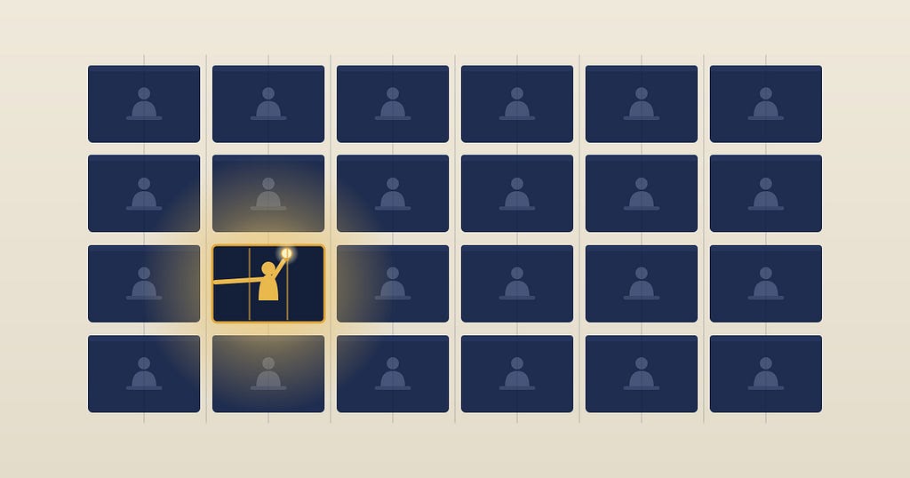 A grid of identical dark navy boxes on a parchment background, each holding a faint, faceless seated office worker. One box off-center glows gold, where a single figure stands instead of sits, an idea glowing above their head, one hand pressed against the bars.