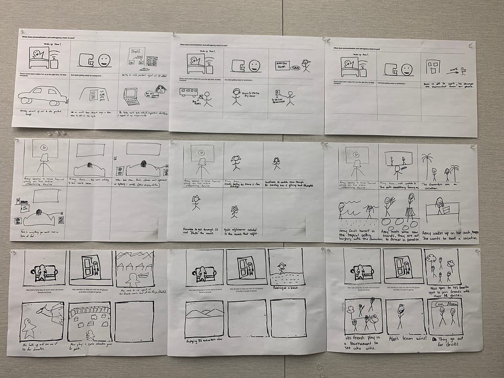 The nine storyboards that the team gathered in their partial storyboard speed-dating activity