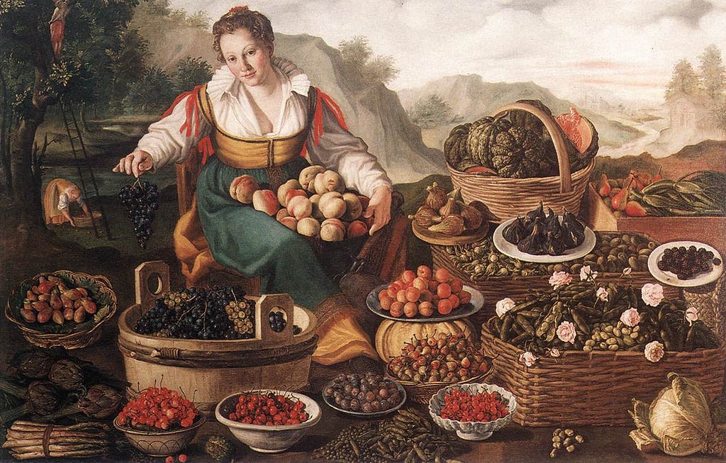 Painting of a young woman at a market stall