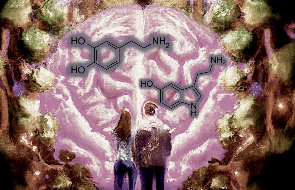 Image of a couple looking at a brain with chemical structures