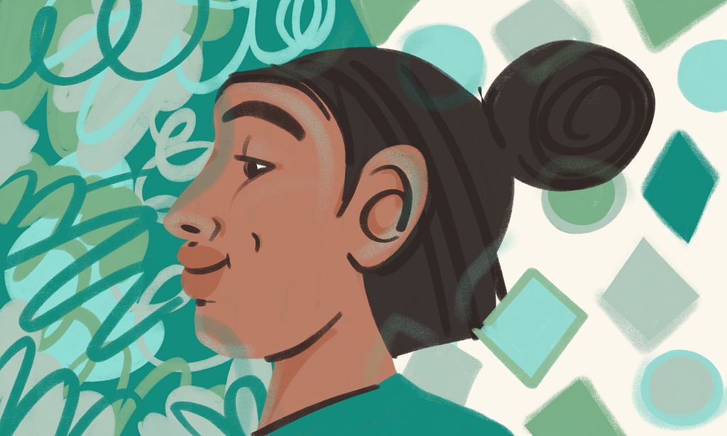 An illustration of a side-profile of a person with their hair tied up. One side on the background shows abstract swirls, and the other side shows abstract shapes.