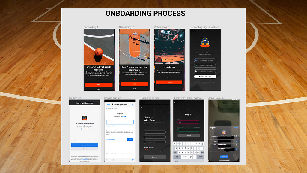 screenshots of XvsX Sports onboarding process