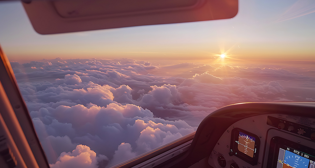 Image of clouds under the cockpit of a small airplane.